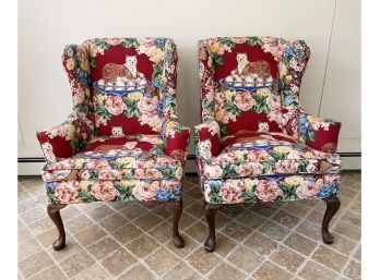 Matching Pair Of Georgian Wingback Armchairs With Unique Cat And Floral Design