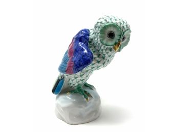 Herend Small Owl In Green - 24k Gold Details & Hand Painted