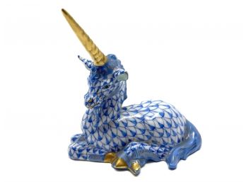 Herend Lying Unicorn Blue- 24k Gold Accents Hand-painted