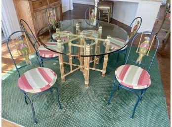 Round Glass Table On Bamboo Stand With Six  Matching Vintage Wrought-iron Parrot Themed Chairs