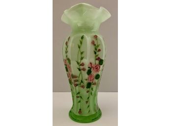 Antique Hand Painted Flowers On A Green Vaseline Glass Vase