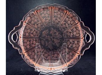 Pink Depression Glass Handled Tray/Plate Cherry Blossom By Jeannette