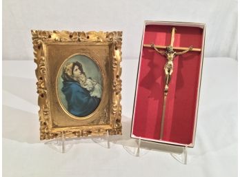 Roberto Ferruzzi Vintage Print 'Madonnia' & Bronze Crucifix