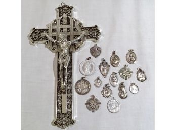 Vintage Religious Metal Grouping & Wall Crucifix