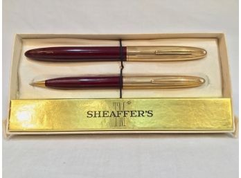 Sheaffer's Vintage Burgundy & Gold Fountain Pen With Mechanical Pencil Set