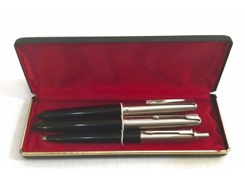 Three Vintage Black & Chrome Parker Pens