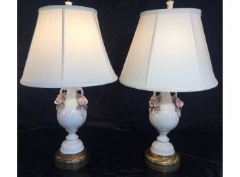 Pair Of Vintage Cordey Capodimonte Style Rose Porcelain Table Lamps