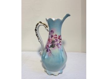 Beautiful Vintage Floral Ceramic Pitcher With Gold Trim