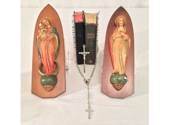 Vintage Chalkware Jesus & Mary Wall Plaques