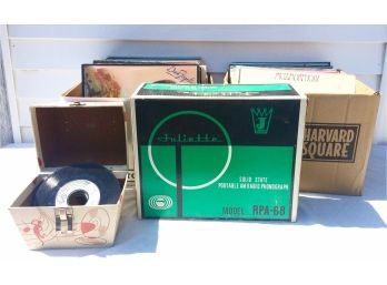 Juliette Portable Am Radio Phonograph & Large Lot Of Vinyl Records