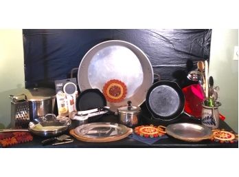 Cast Iron, Aluminum & Stainless Cookwares With Utensils & Straw Trivets