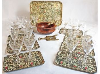 Vintage Floral Cocktail Trays & Crystal Stemware
