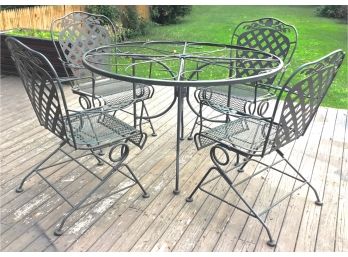 Vintage Wrought Iron Patio Table & Four Rocking Chairs