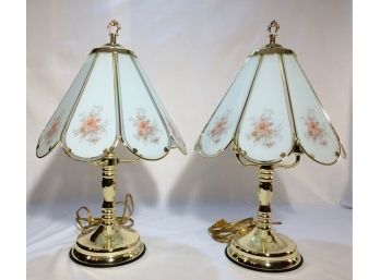 Pair Of Vintage Glass Panel & Metal Touch Lamps