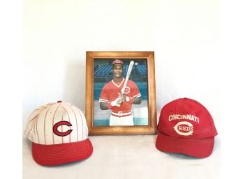 Vintage Cincinnati Reds Eric Davis Photograph & Two Baseball Hats