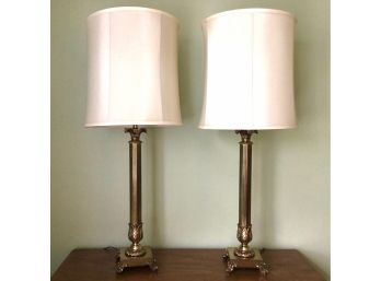 Pair Of Elegant Fluted Column Footed Base Table Lamps
