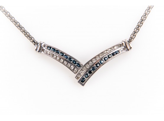 10K White Gold Curb Flat Angular Chain With Diamond And Sapphire Attached Pendent
