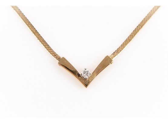 14K Yellow Gold And Diamond Necklace With Herringbone Chain