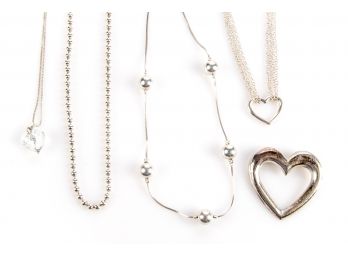 Group Of Four Sterling Silver Necklaces And Sterling Silver Heart Pin