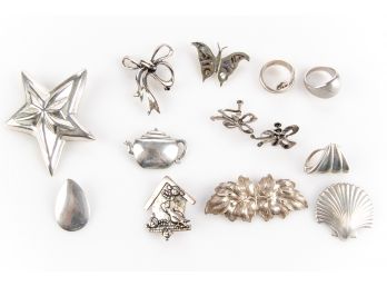 Lot Of Sterling Silver Pins, Bow Screw Back Earrings And Ring, 2.45 Gross Ozt