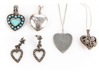 Group Of Five Sterling Silver Hearts - Two Necklaces, Two Pendants And Pair Of Pierced Earrings