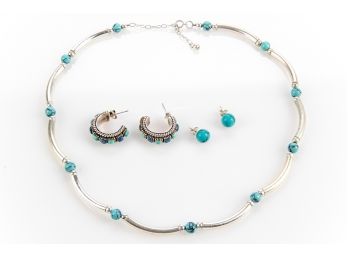 Sterling Silver And Turquoise Necklace And Pierced Earrings