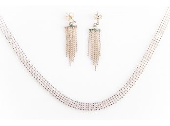 Sterling Silver Beaded Mesh Necklace And Pierced Earrings