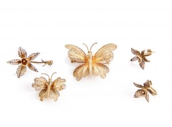 14K Yellow Gold Butterfly Pins Plus 14K Yellow Gold Flower Pin And Screw Back Earrings