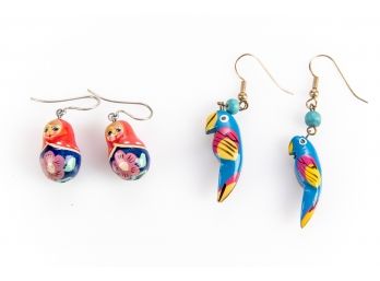 Colorful Parrot And Nesting Doll Pierced Earrings