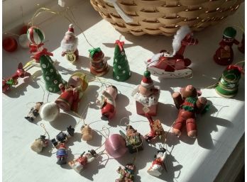 Lot Of Wooden Christmas Tree Ornaments And Christmas Basket