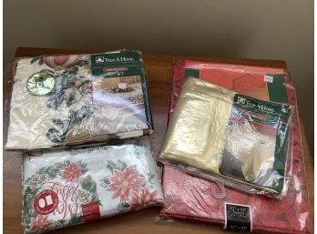 Four New Fabric Christmas Tablecloths Variety Of Sizes Please See Photos