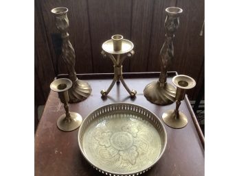 Lot Of Brass Candleholders And Tray