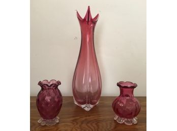 Vintage Collectible Cranberry Glass Tall Thin Vase And Two Stunning Small Cranberry Vases With Scalloped Edges