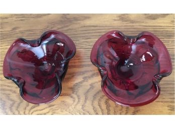 Pair Of Elegant Vintage Cranberry Glass Candy/nut Bowls