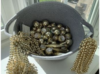 Grey Braided Basket With Gold Tone Vintage Ornaments
