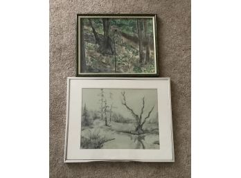 Matted And Framed Art Winter By J. King And Birdhouse On The Woods Illegibly Signed