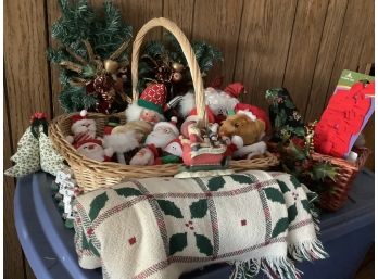 Vintage Christmas Lot Includes Blanket, Basket, Stuffies And More!