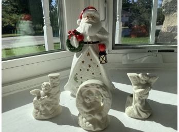 Ceramic J O Y Candle Holders And Santa (lights Up With Batteries)