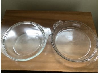 Vintage Glasbake Dish With Lid And Crystal Clear Anchor Hocking 9 3/4inch Handled Pie Plate