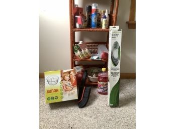 Four Tier Shelving Unit With Products As Shown And Dryer Vent Cleaning Brush