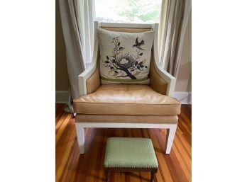 White Wood Frame Leather Like Chair With Small Footstool