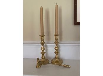 Pair Of Baldwin 8' Brass Candlesticks & Snuffer