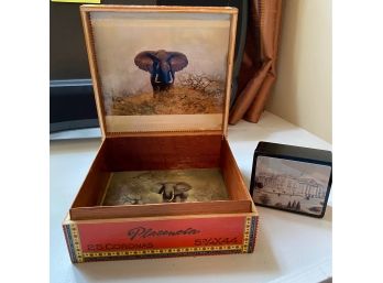 Lot Of 2 Boxes - Wood Elephant Cigar Box And White House Plastic Trinket Box