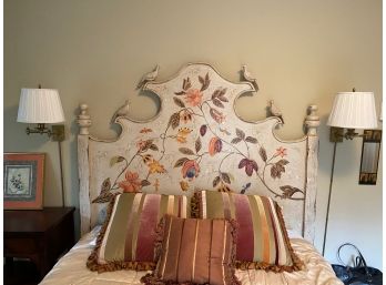 Beautiful! Distressed Whitewashed  Handpainted Bird And Floral Details Wood Headboard For Queen Bed