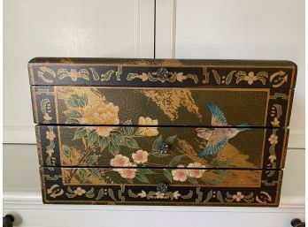 Asian Inspired Floral Storage Box With Black Velvet Interior