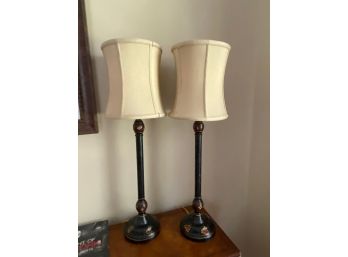 Handpainted Floral Design Pair Of Wood Base Lamps