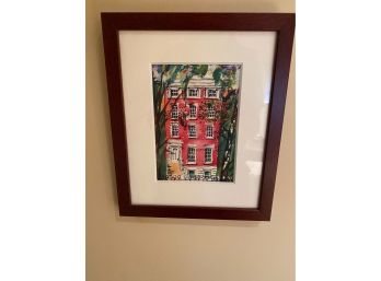 Watercolor Of Red Townhouse In Brown Wood Frame