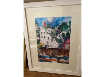 Framed Watercolor Of House On Dock/Water