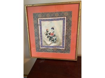 Silk Embroidered Floral Artwork In Gold Wood Frame