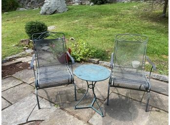 Distressed Gray Metal Outdoor Chairs W/ Side Table